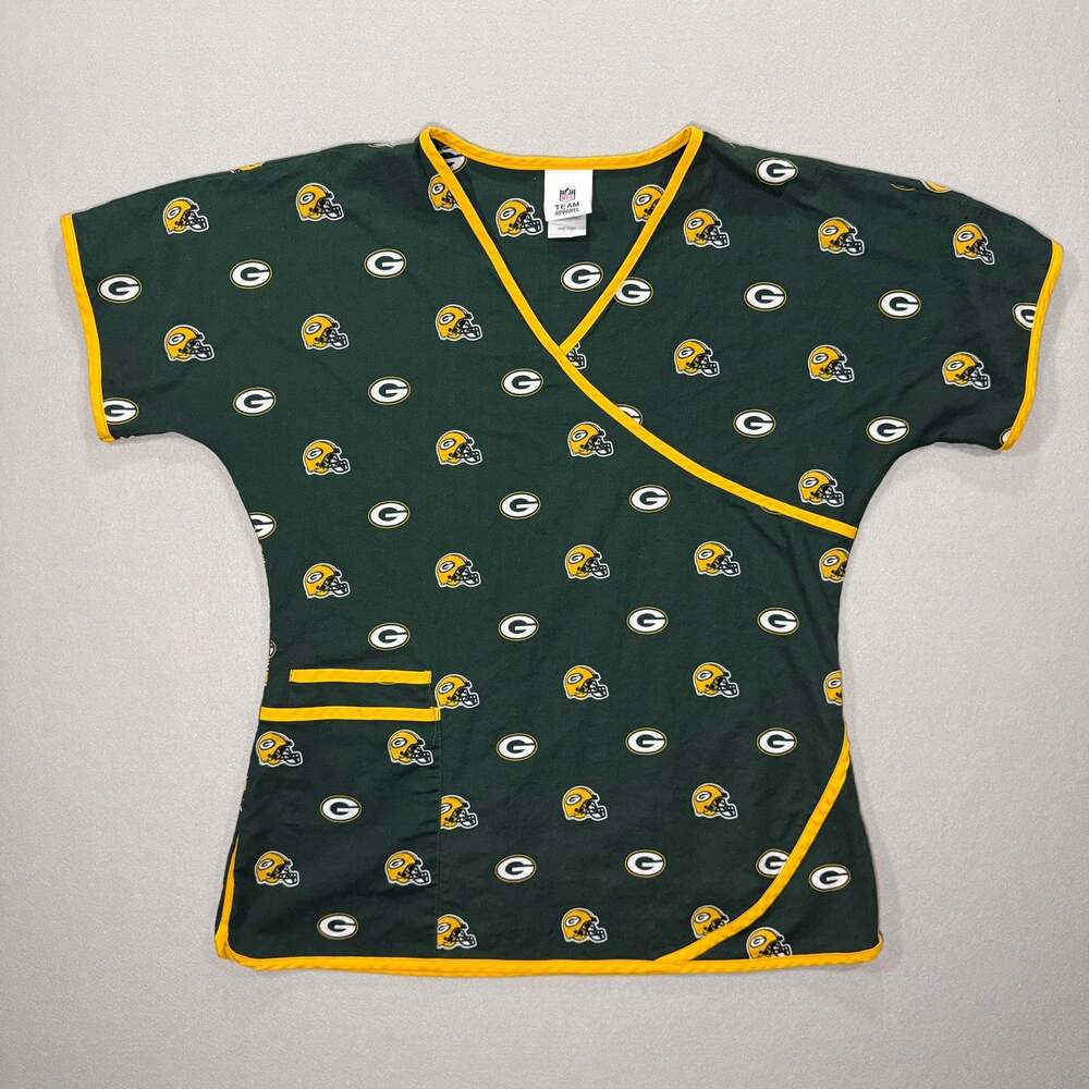NFL Team Apparel Green Bay Packers Scrub Top Womens M Green Mock Wrap